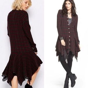 RARE Free People wine and gray plaid raw asymmetrical handkerchief hem size XS!